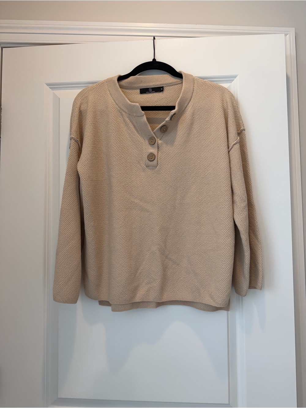 Beige Button-Neck Knit Crew